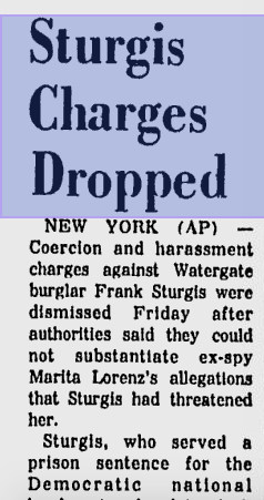 News story in 1977 saying charges against Frank Sturgis had been dropped.