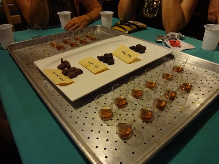 Three types of chocolate are paired with shots of Glenlivet scotch at Restaurante Tamara..