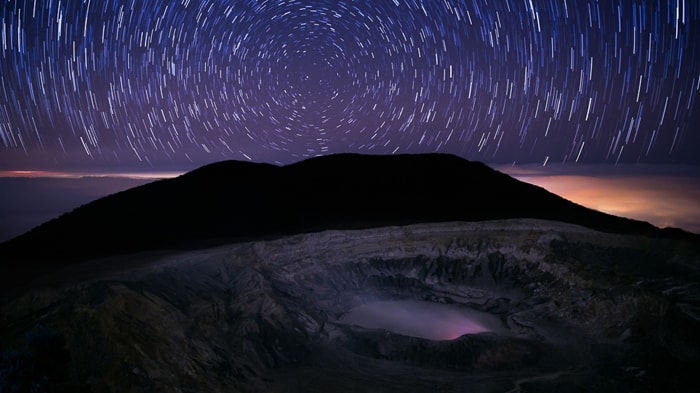 Poás Volcano: Star-trail photograph taken during new moon with special permission.