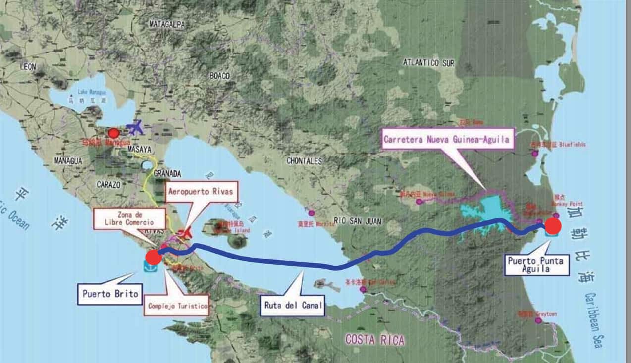 A map of Nicaragua's proposed transoceanic canal.