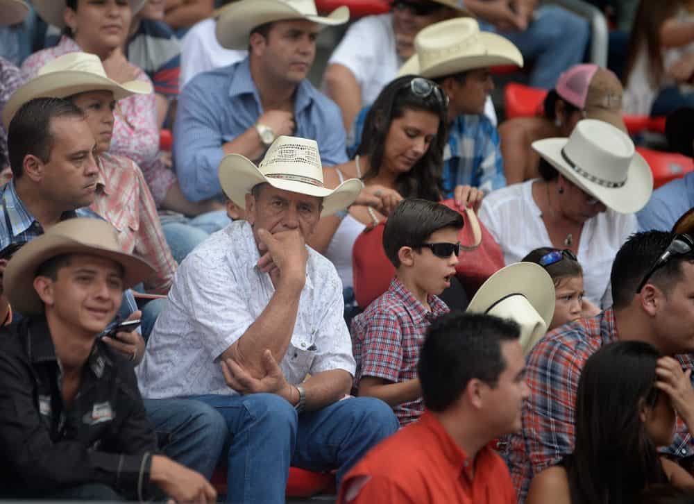 Crowd cheering as a bull charges at a rider during a Costa Rica rodeo