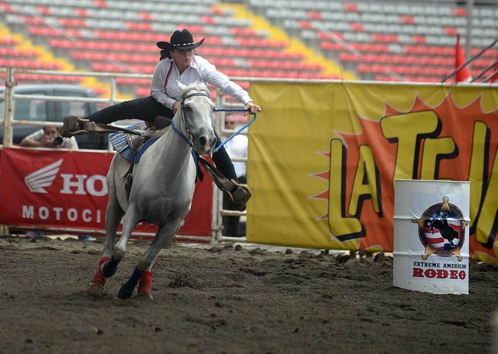 A Costa Rican cowboy riding a bull at a lively rodeo event