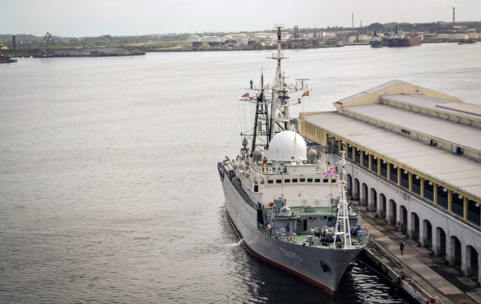 A Russian intelligence warship docks at the port of Havana, Cuba.