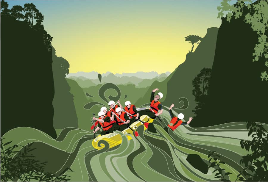 Graphic illustration of a rafting trip