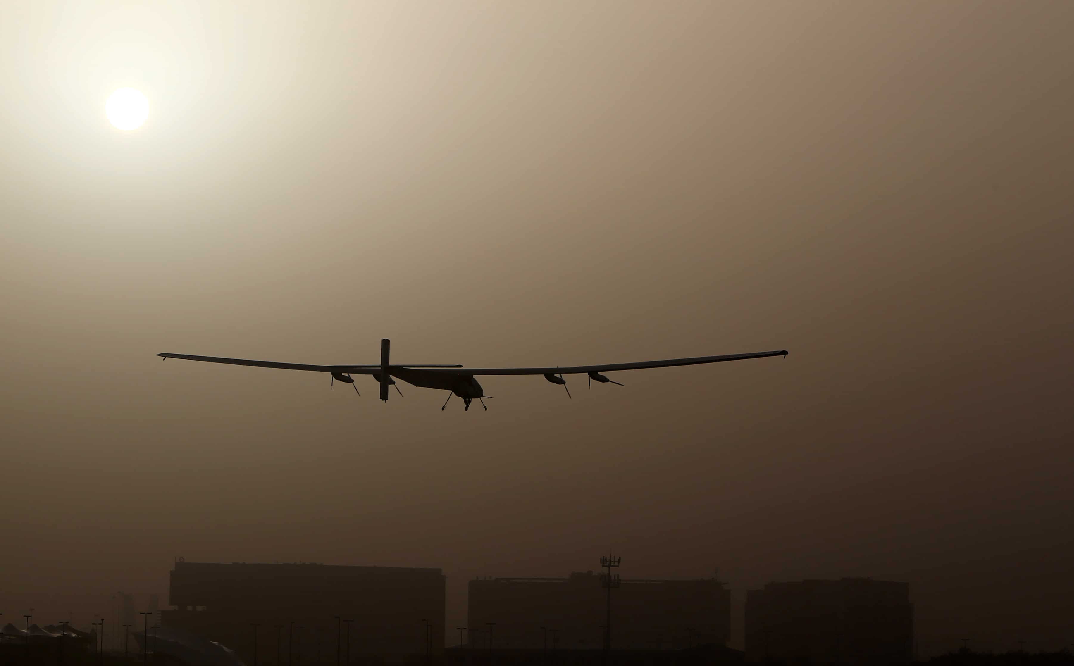 The Solar Impulse 2, takes off from al-Bateen airport in Abu Dhabi as it heads to Muscat, on March 9, 2015, in the first attempt to fly around the world in a plane using solar energy.