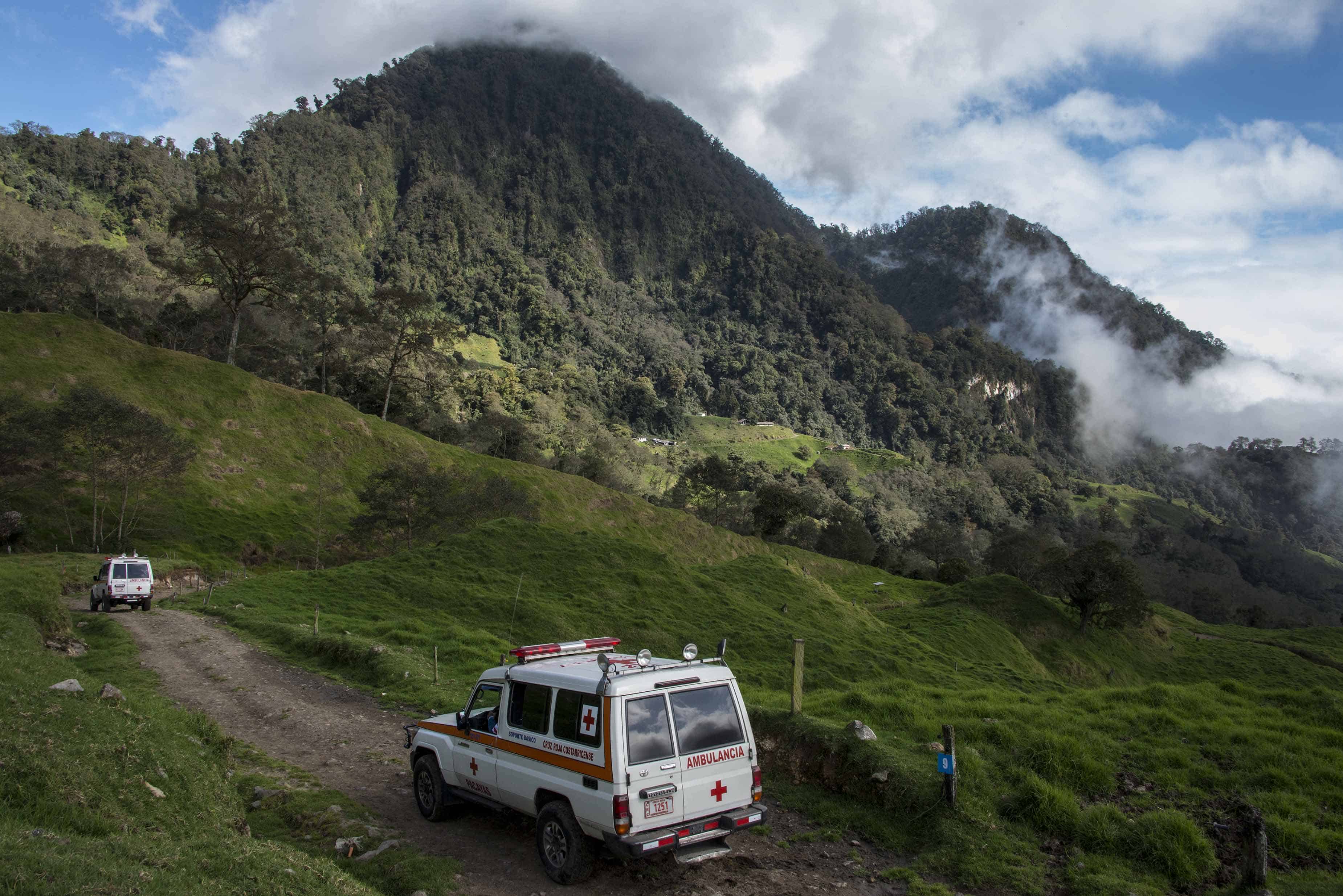 Members of the Costa Rican Red Cross patrol the area surrounding the Turrialba volcano, checking the quality of the air, in San Gerardo de Irazu, 65 km northeast of the San Jose, on March 13, 2015.