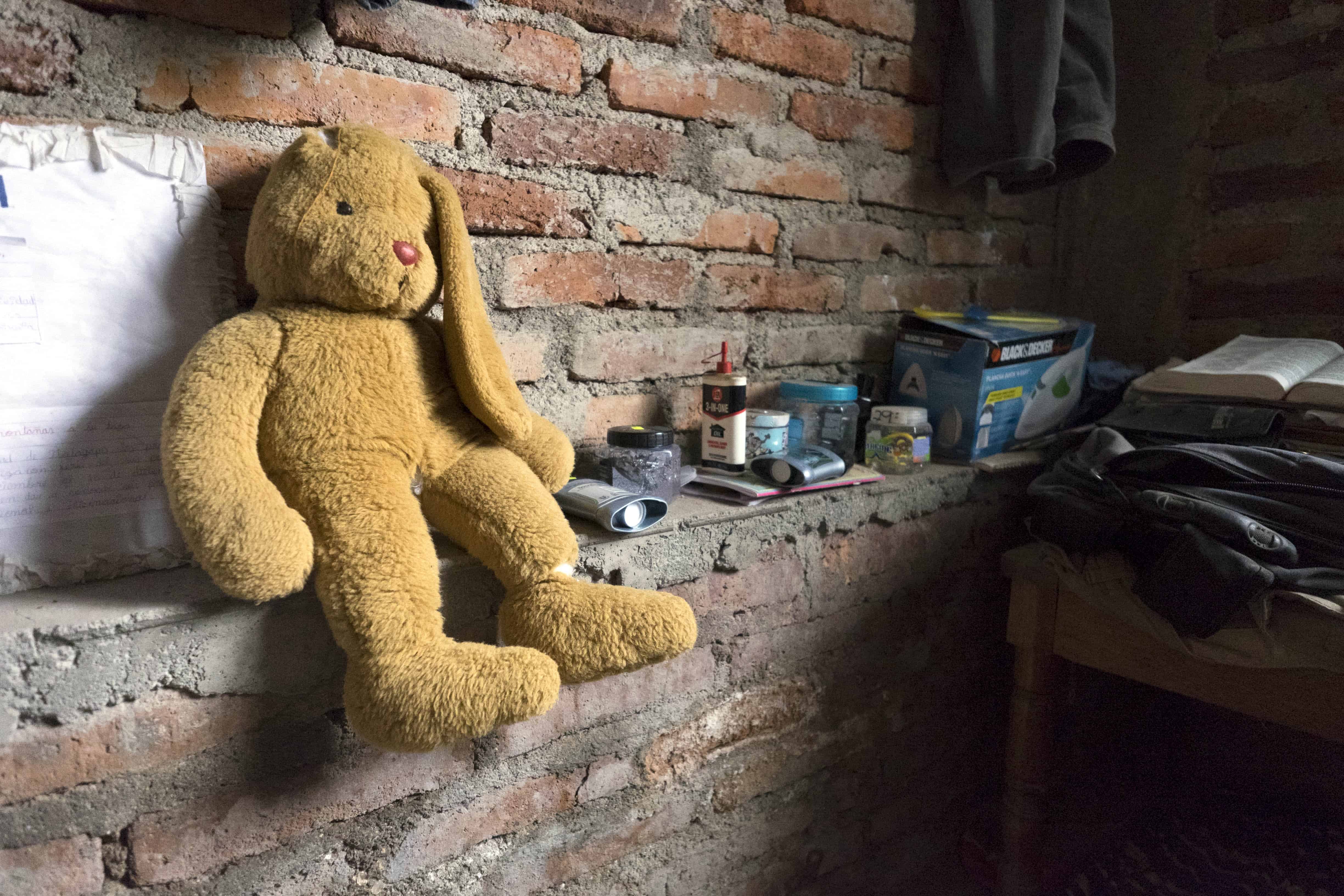 Inside Pedro's room in Matagalpa. An old stuffed rabbit sits on the wall.