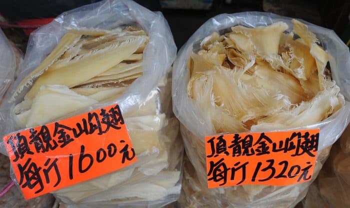 Dried shark fins on sale at a supplier in Hong Kong.  