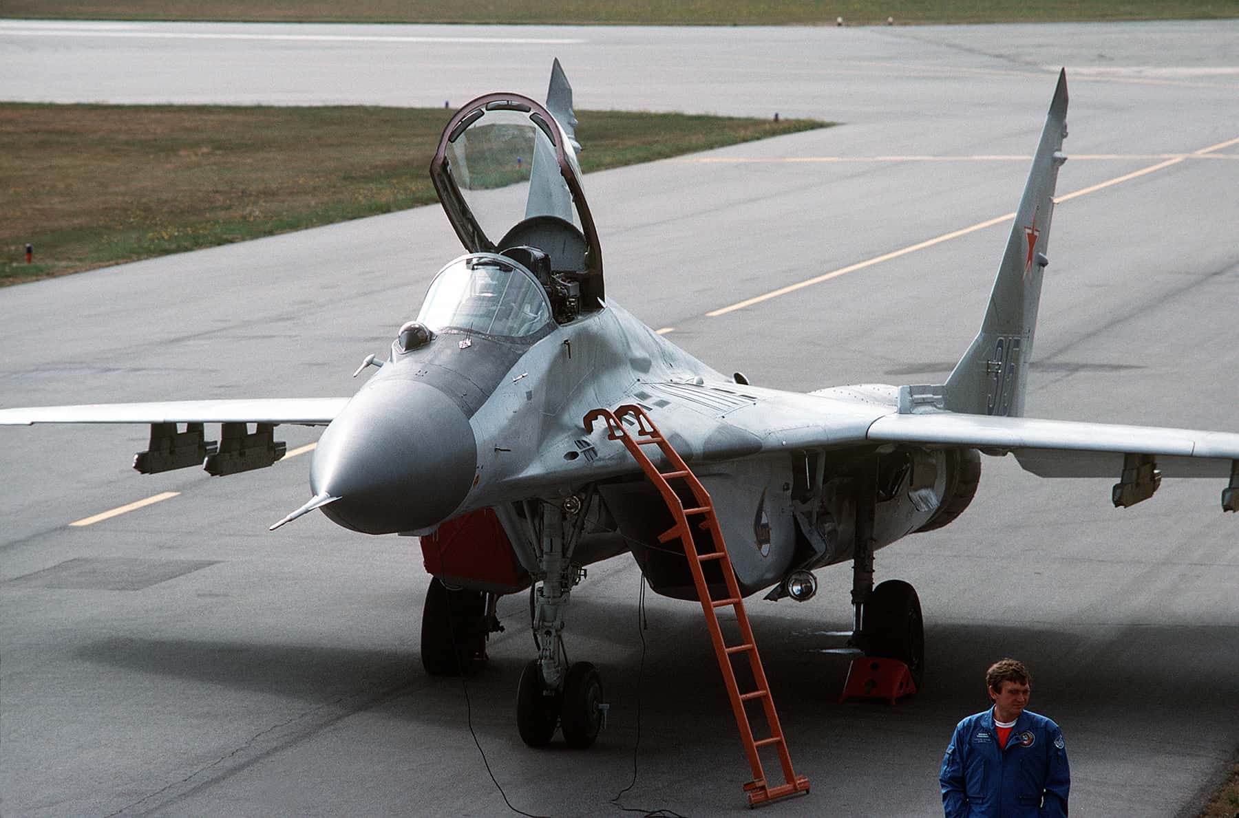 View of a Russian MiG-29 fighter parked on the ramp after a demonstration flight for attendees at the Abbotsford Air Show, July 1, 1989.