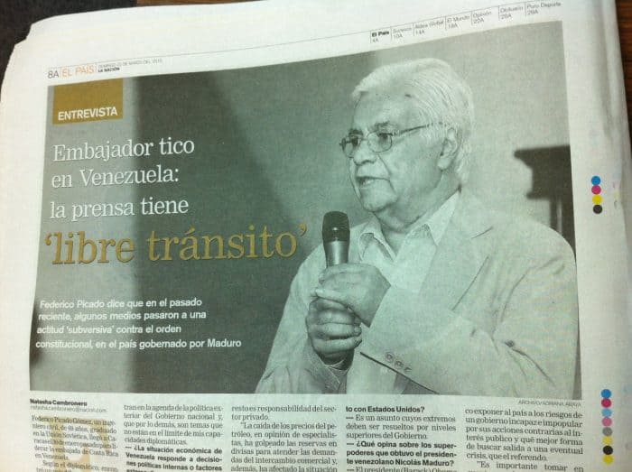 Photo of the image of Federico Picado Gómez, Costa Rican ambassador to Venezuela, in La Nación edition of March 22, 2015