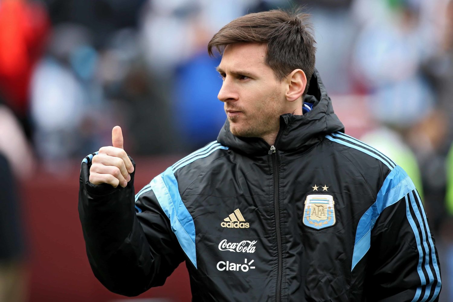 Argentina's Lionel Messi acknowledges the crowd before his team plays El Salvador during an International Friendly at FedExField on March 28, 2015 in Landover, Maryland.