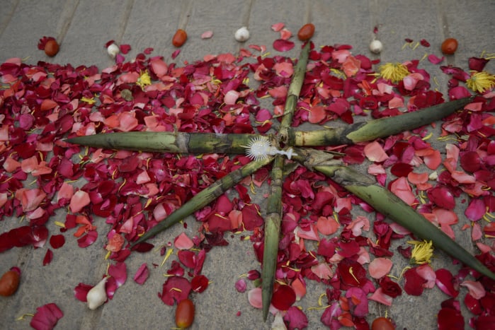 Detail of the flower carpet made for the traditional Palm Sunday procession  on March 29, 2015 in San Pedro Sacatepéquez.