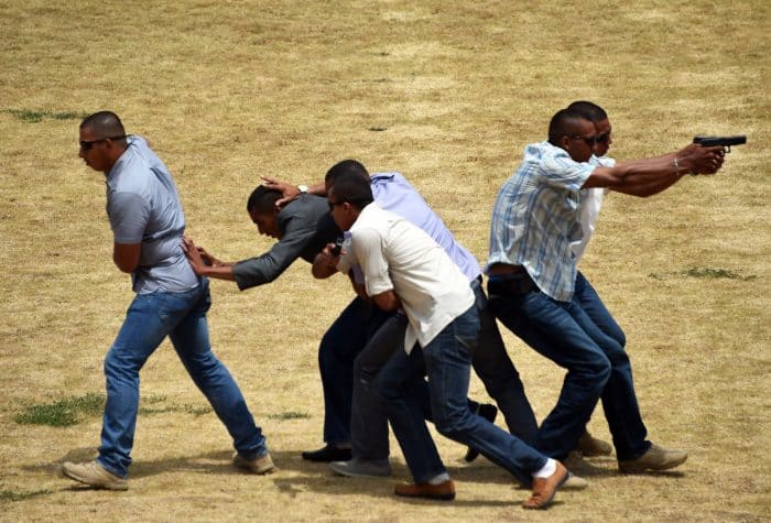 Panamanian border police attend a kidnapping and hostage drill.