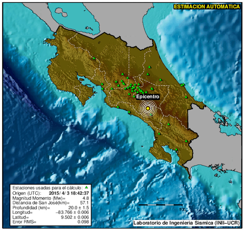 A map showing the epicenter of two earthquakes that hit Pérez Zeledón, Costa Rica after 12:32 p.m. Friday, April 3, 2015.