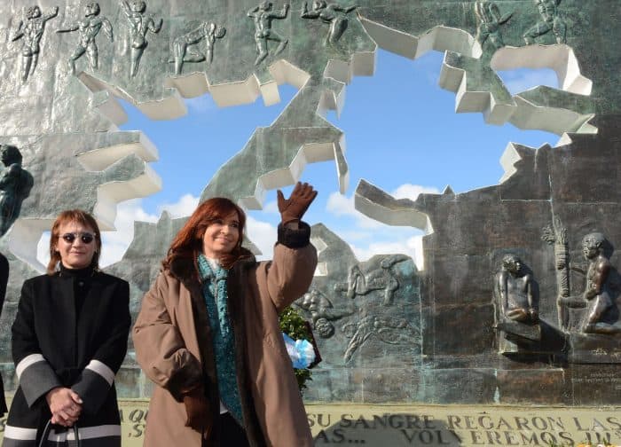 Argentina's President Cristina Fernández de Kirchner, right, and Tierra del Fuego's Governor Fabiana Ríos attend a ceremony to honor soldiers who died in the South Atlantic.