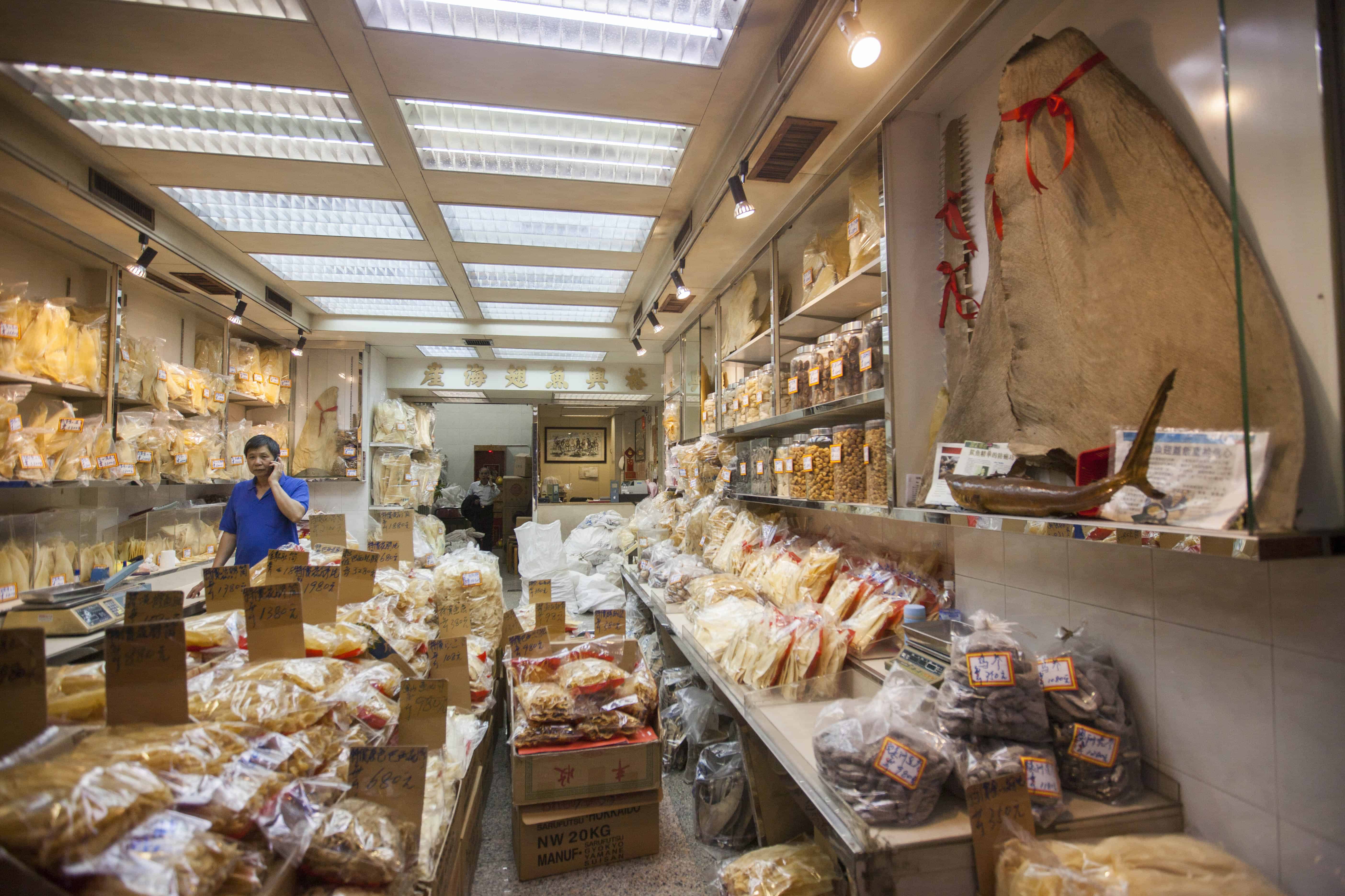 A general view of Yue Hing Shark’s Fin & Marine Products Co., Ltd's store in Hong Kong's dried seafood district of Sheung Wan, Hong Kong, China, March 21, 2015. Marine conservation groups in Costa Rica allege that two shipments of hammerhead shark fins were illegally exported to the company in December 2014.