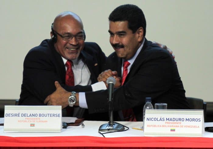 Suriname President Desiré Delano Bouterse and Venezuelan President Nicolás Maduro in 2013.