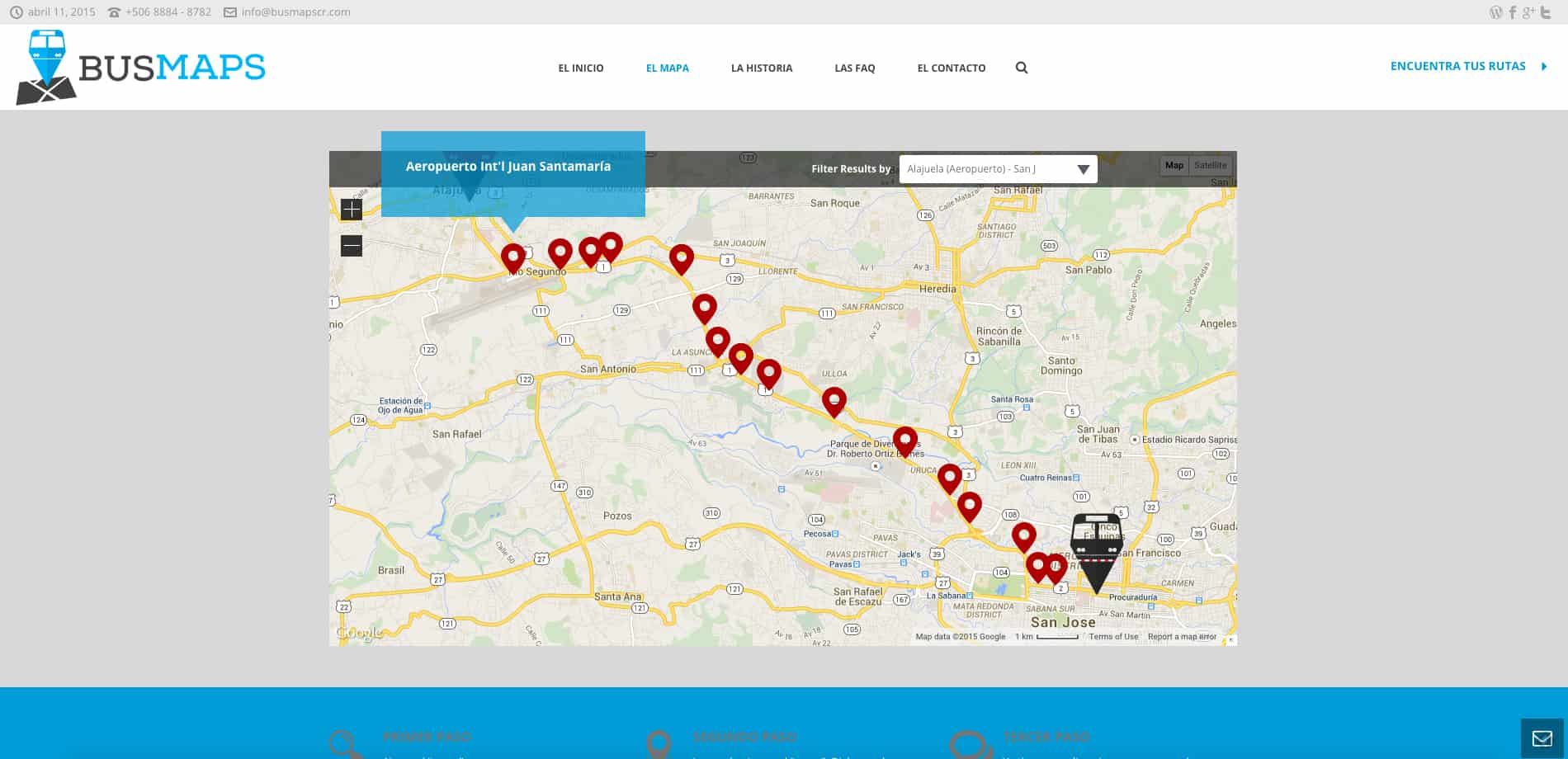 A screen shot from BusMaps Costa Rica showing the route from San José to Juan Santamaría Airport in Alajuela.