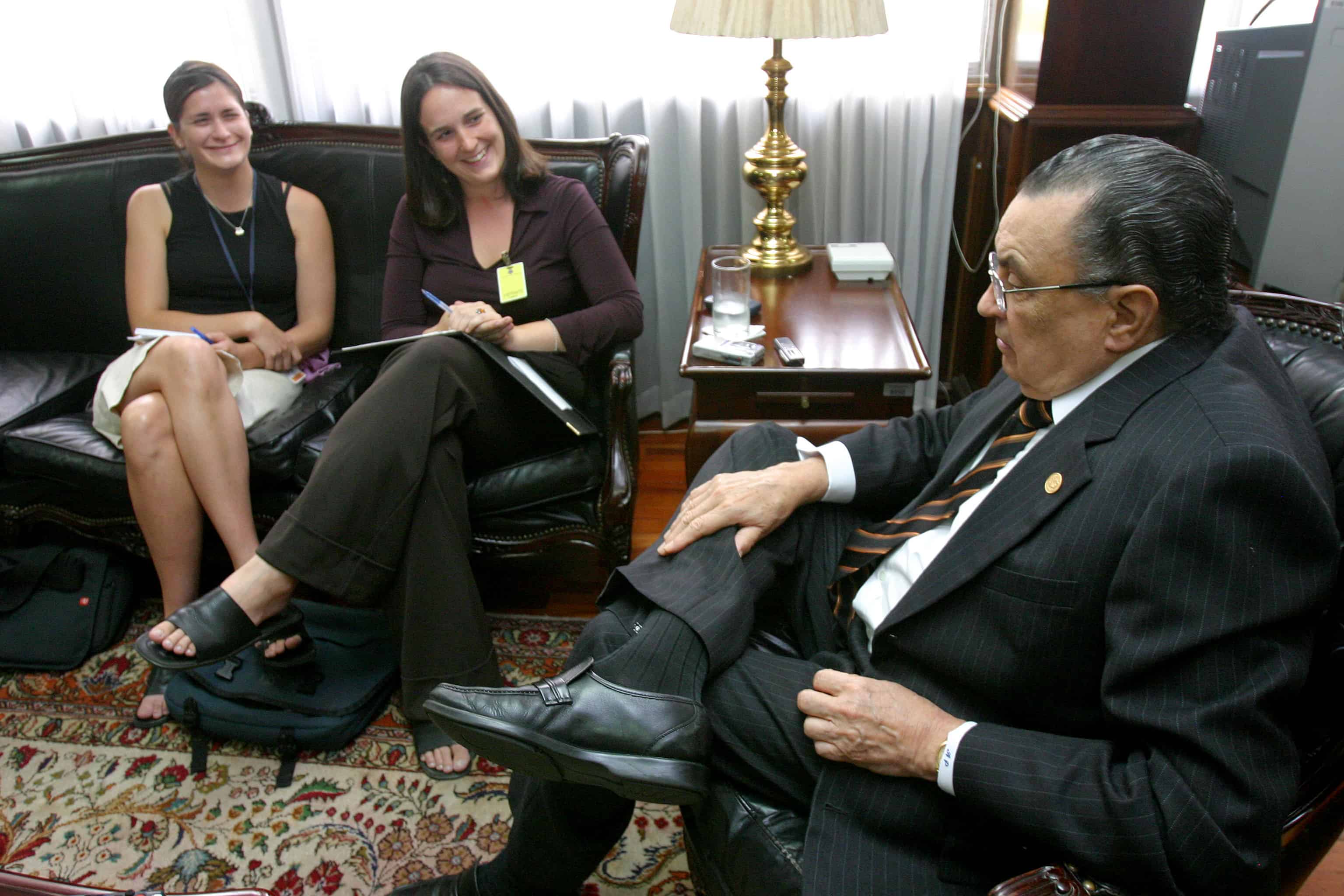 Reporter Rebecca Kimitch (left) interviews outgoing President Abel Pacheco for The Tico Times in 2006.