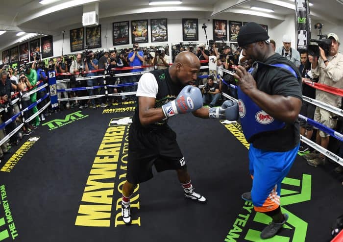 WBC/WBA welterweight champion Floyd Mayweather Jr., works out in the ring.