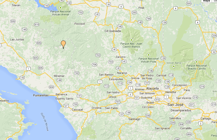Map pinpointing the 5.0 quake that hit Costa Rica at 1:33 a.m. on April 28, 2015.