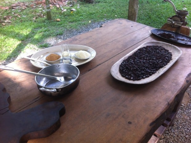 The magic ingredients: roasted cocoa beans, brown sugar, powdered milk, condensed milk, vanilla extract and water.