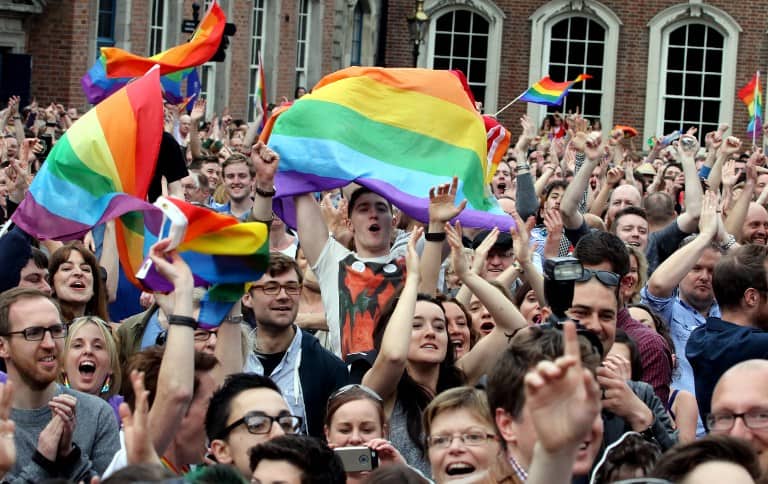 Supporters react outside Dublin Castle following the announcement of the result of the same-sex marriage referendum in Dublin on May 23, 2015.
