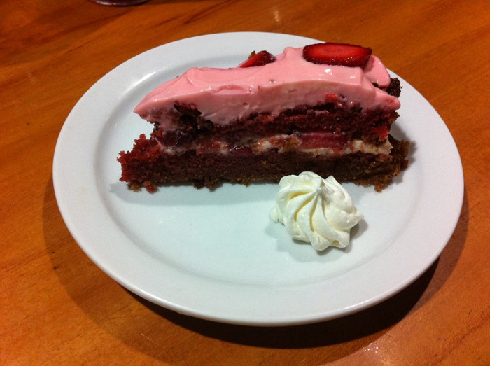 Red velvet cake for dessert.