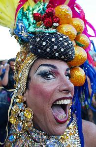 A drag queen dressed as Brazilian singer legend Carmen Miranda perform during the Carmen Miranda carnival street band parade, Feb. 23, 2003, through the Copacabana main avenue in Rio de Janeiro, Brazil.