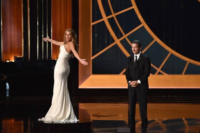 Actress Sofia Vergara (left) and Television Academy CEO Bruce Rosenblum speak onstage at the 66th Annual Primetime Emmy Awards held at Nokia Theatre L.A. Live on August 25, 2014 in Los Angeles, California. 