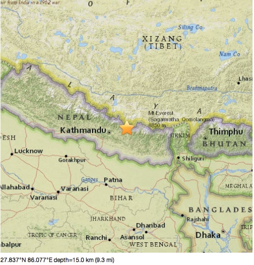 USGS map of Tuesday earthquake in Nepal.
