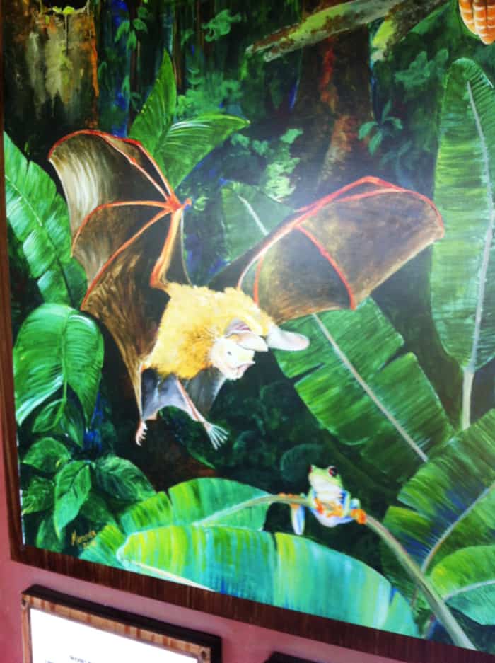 A painting shows a bat about to pounce on a frog.