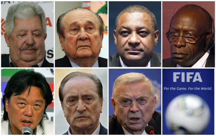 A combination of file pictures made on May 27, 2015 shows FIFA officials.