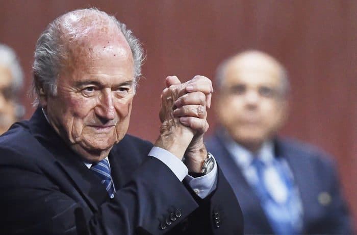 FIFA President Sepp Blatter gestures after being re-elected.
