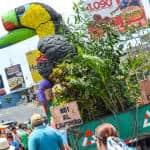 "No to captivity" and "No to hunting" says a float that had a fake toucan with its peak cut.