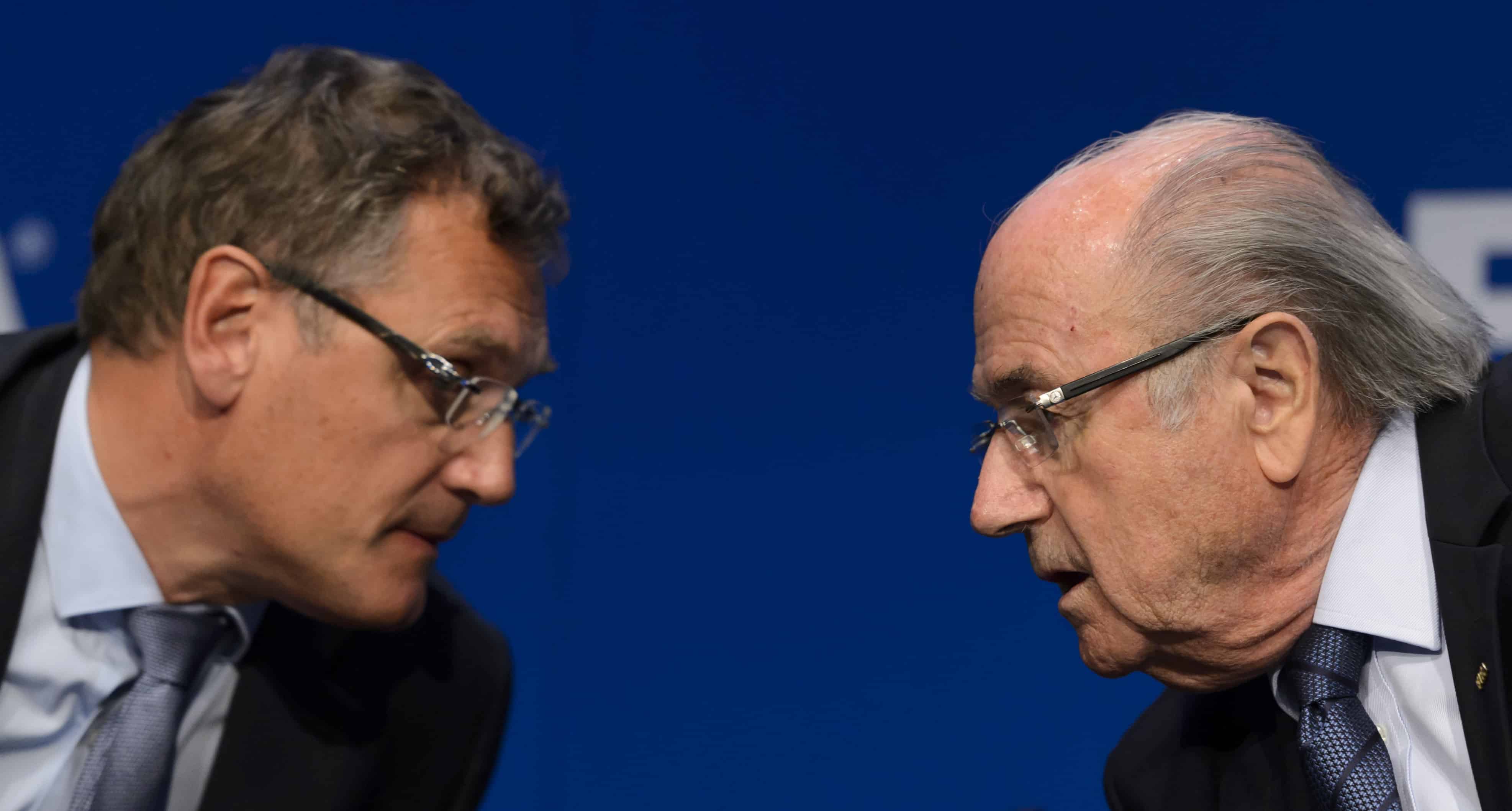 FIFA President Sepp Blatter, right, speaks with FIFA Secretary General Jerome Valcke.