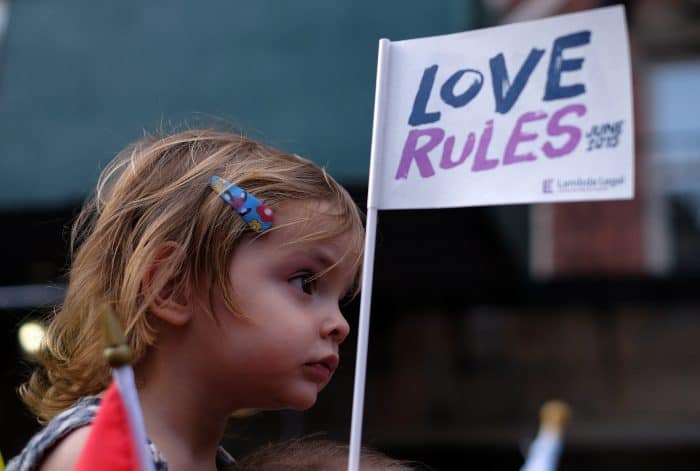 A child looks on as people celebrate the U.S. Supreme Court's historic decision.