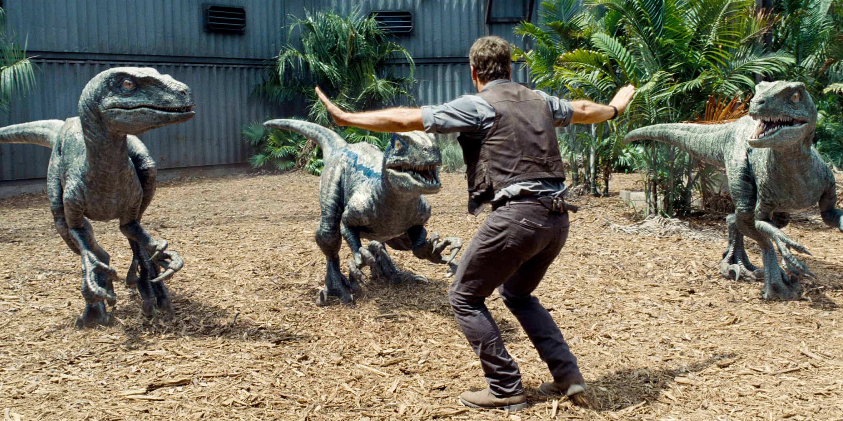 Actor Chris Pratt is surrounded by raptors in 