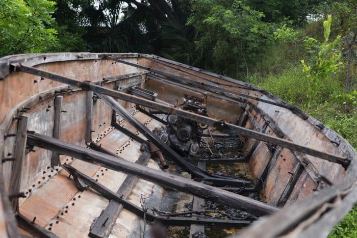 A boat used by Cuban immigrants on display at the Botanical Gardens in the Florida Keys.