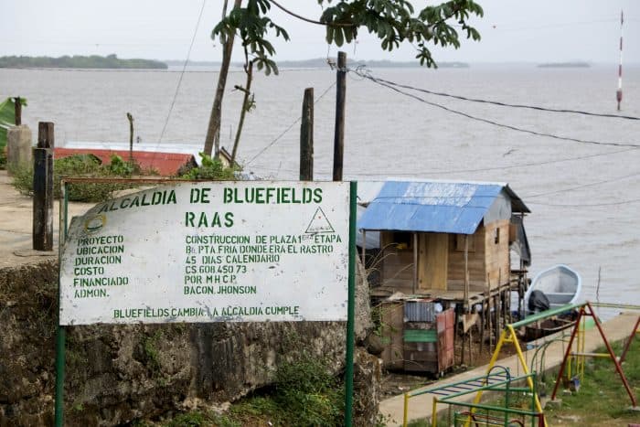 A sign reads: "This is the municipality of Bluefields."