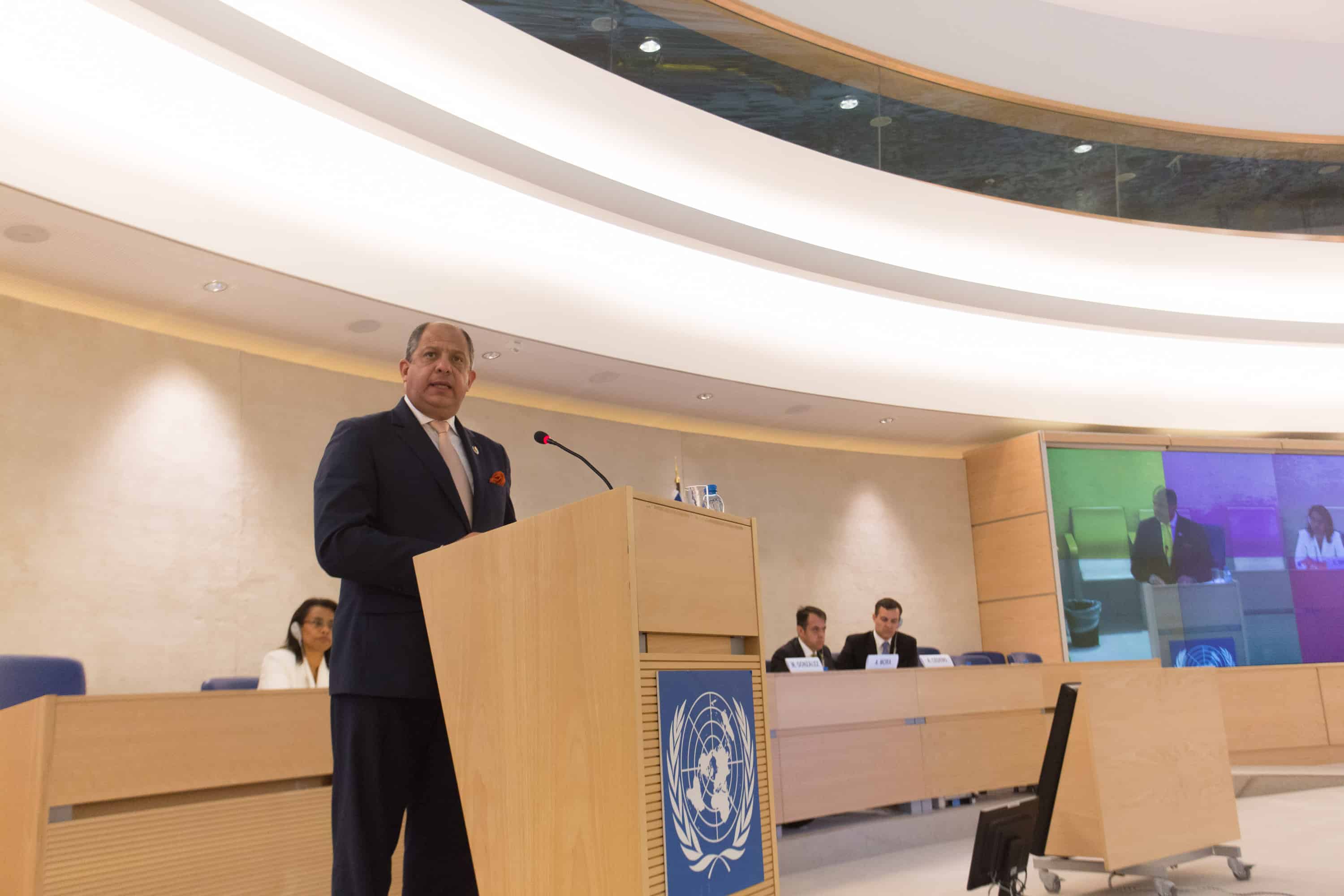 Costa Rican President Luis Guillermo Solís addresses the United Nations in Geneva.