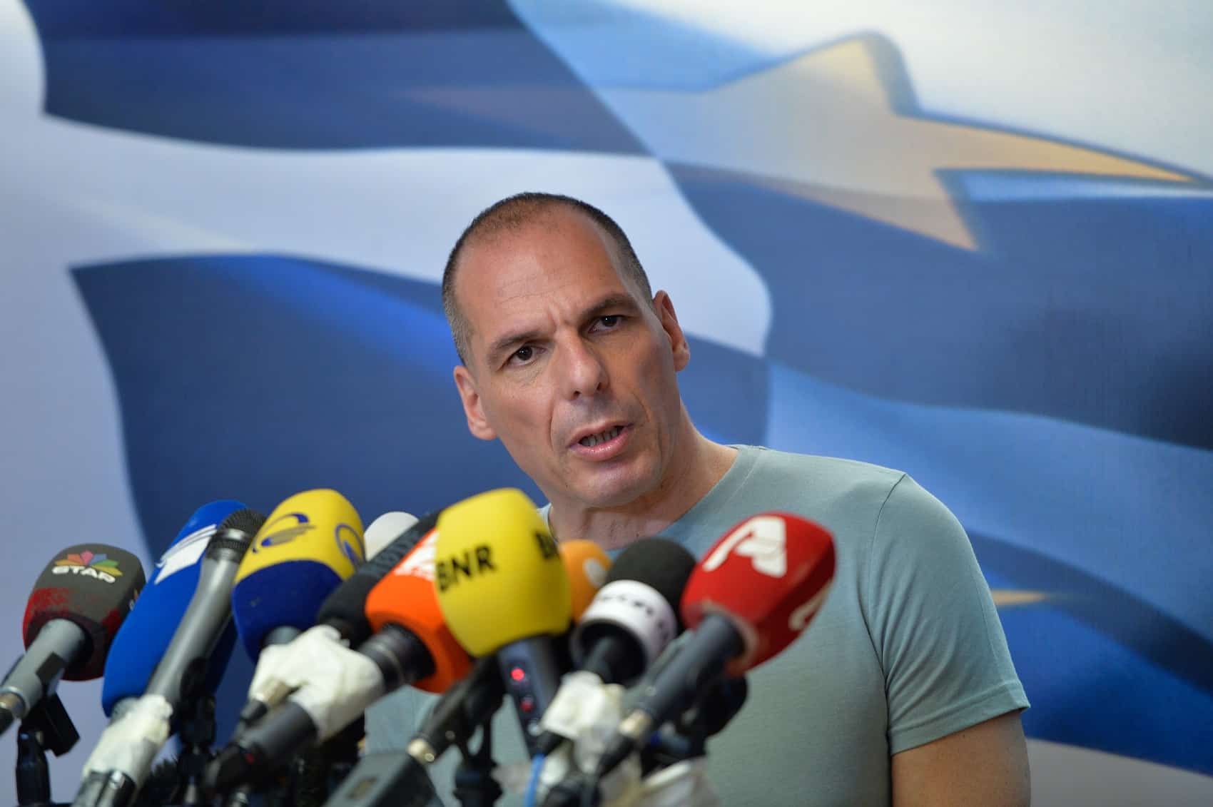 Greek Finance Minister Yanis Varoufakis gives a press conference in Athens on July 5, 2015, after early results showed those who rejected further austerity measures in a Greek crucial bailout referendum were poised to win.