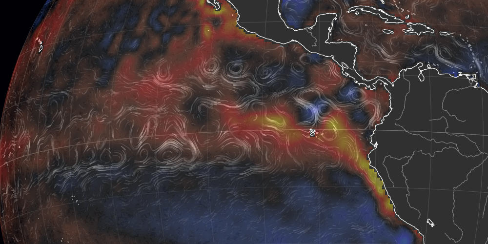 Visualization of the eastern Pacific for May 5th, 2014, showing how far sea surface temps were from the 30-year average.