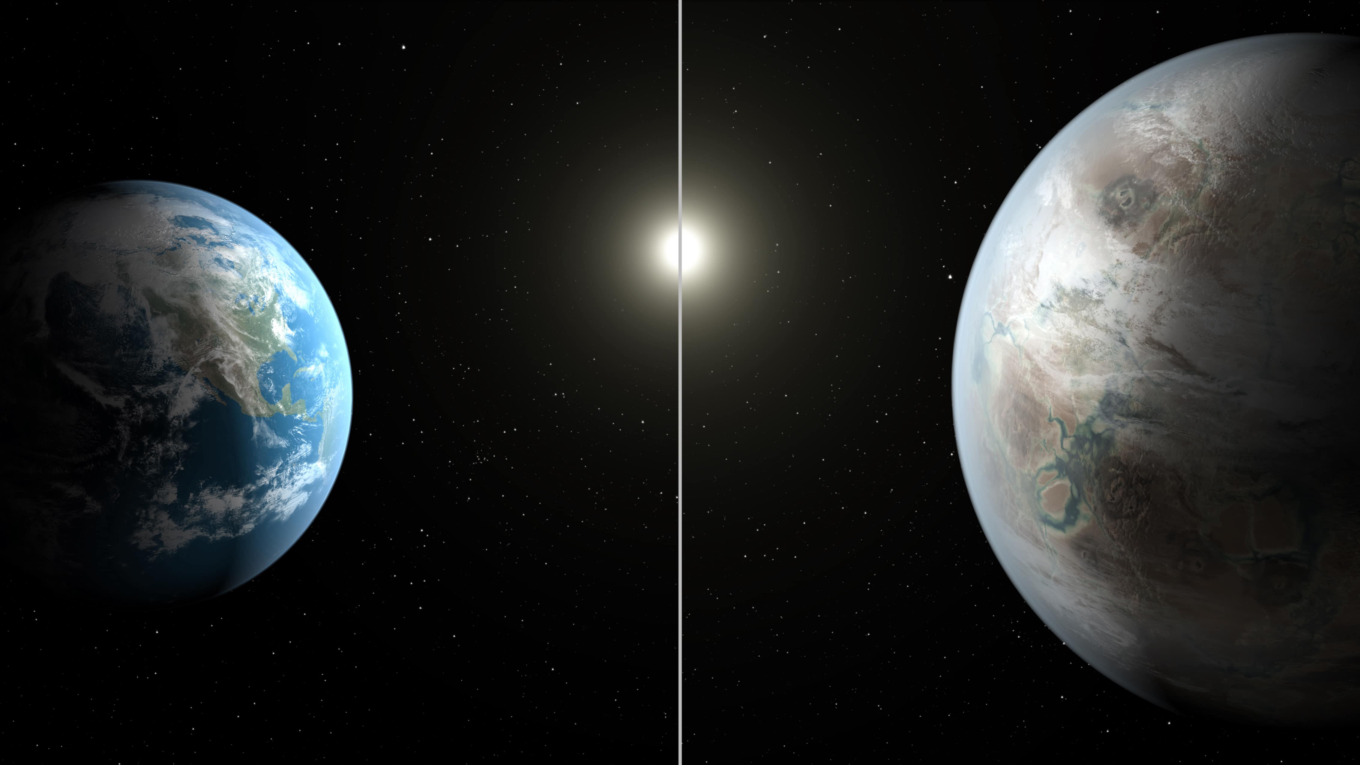 This NASA artist's concept obtained July 23, 2015 compares Earth (left) to the new planet, called Kepler-452b.