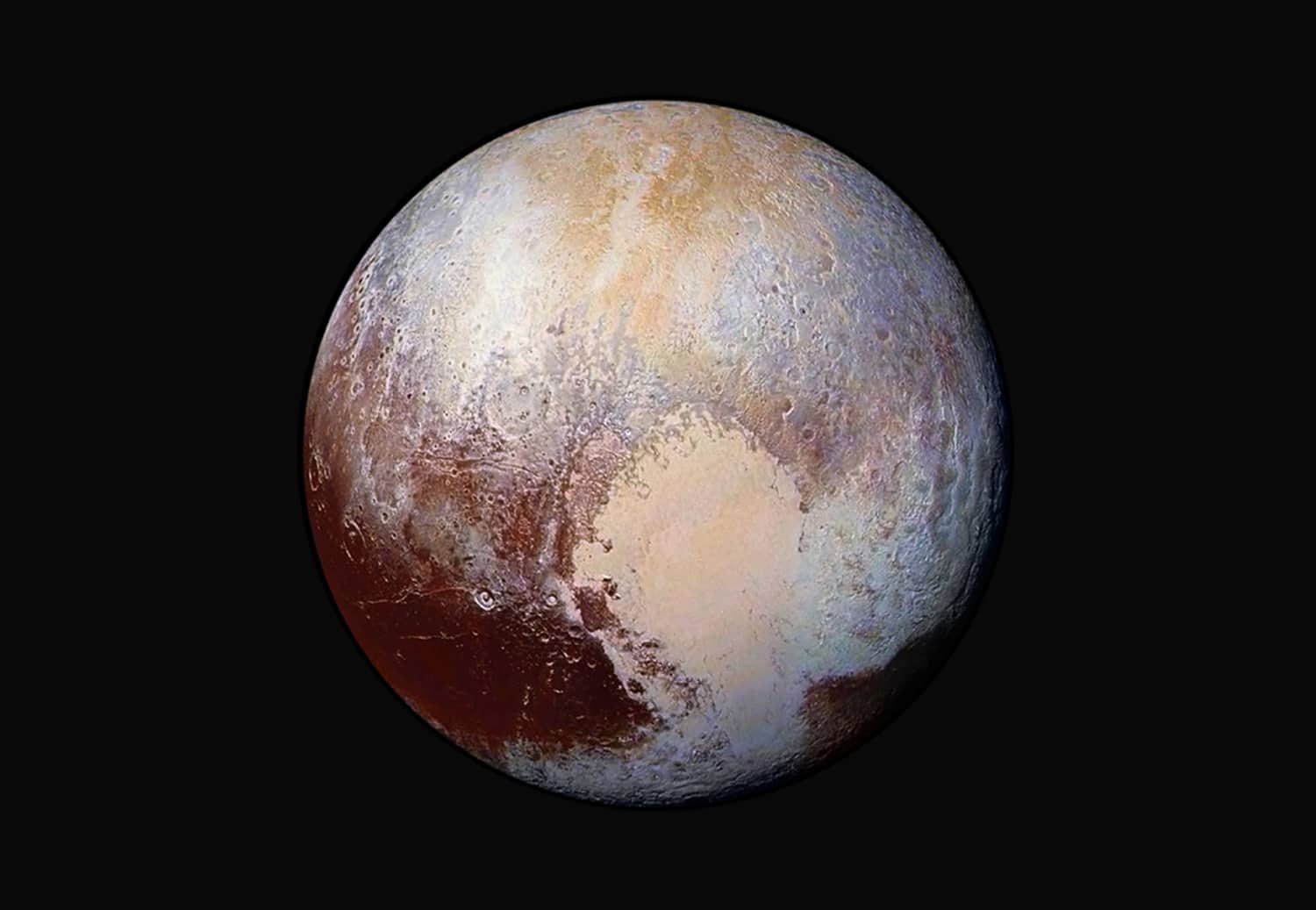This NASA image obtained July 24, 2015 shows how New Horizons scientists have used enhanced color images to detect differences in the composition and texture of Pluto's surface. The heart of the heart, Sputnik Planum, is suggestive of a source region of ices. The two bluish-white lobes that extend to the southwest and northeast of the heart may represent exotic ices being transported away from Sputnik Planum.