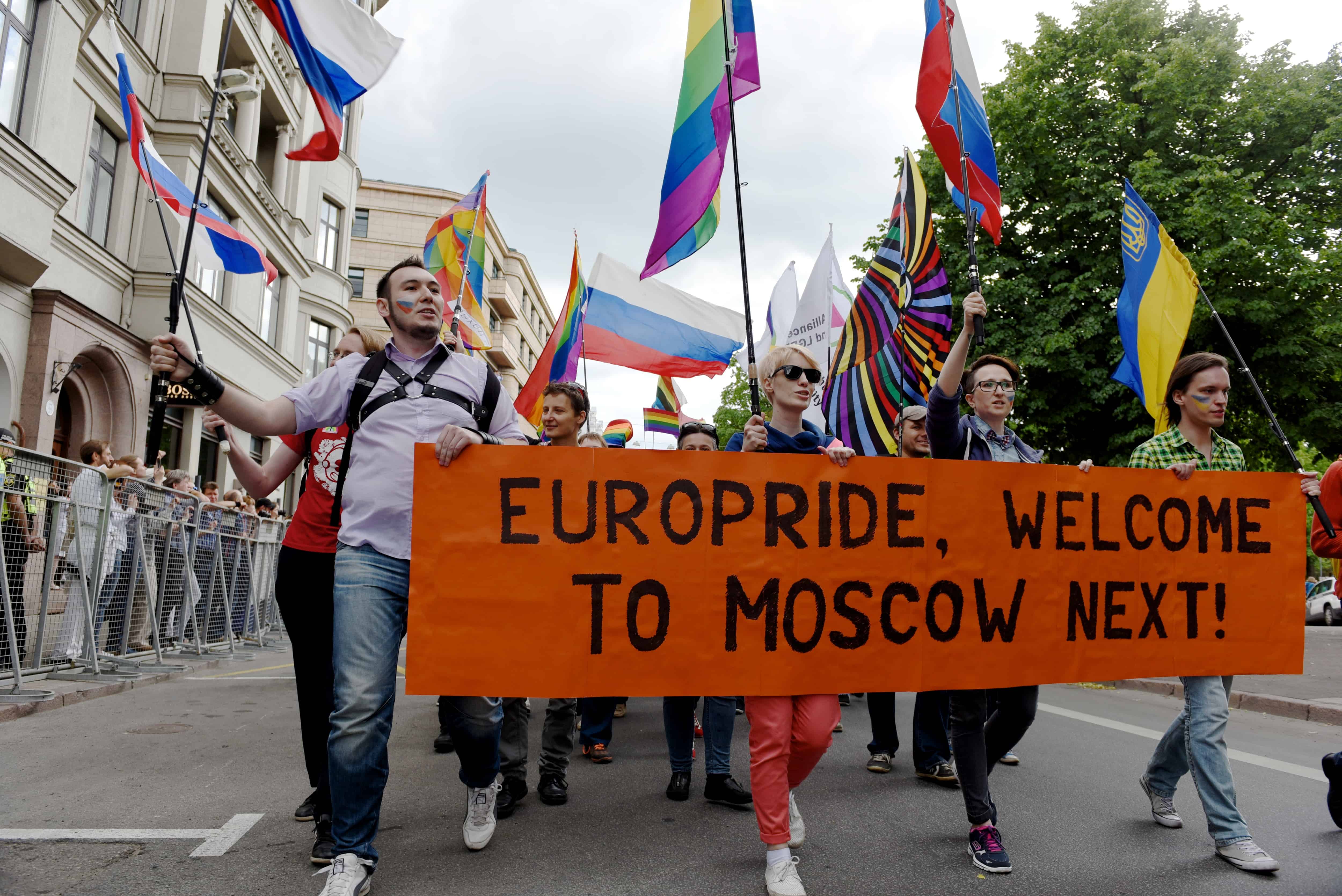 Participants walk through the streets of Riga, Latvia, during the Europride 2015 LGBT parade.