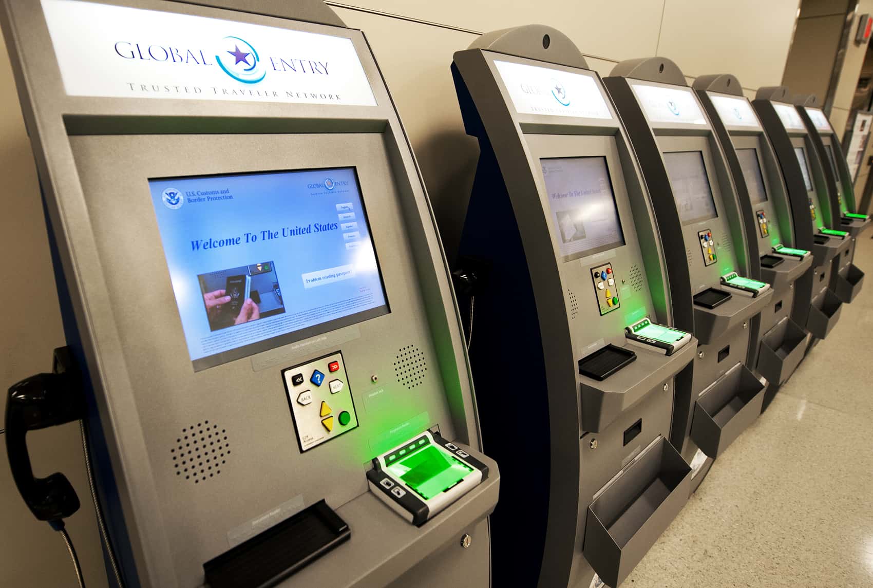 U.S. Customs and Border Protection Global Entry Trusted Traveler Network kiosks seen at Dulles International Airport.