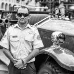 Andre Madrigal from the National Academy of Fire Fighters and the second fire truck to arrive in Costa Rica in the 1910's.