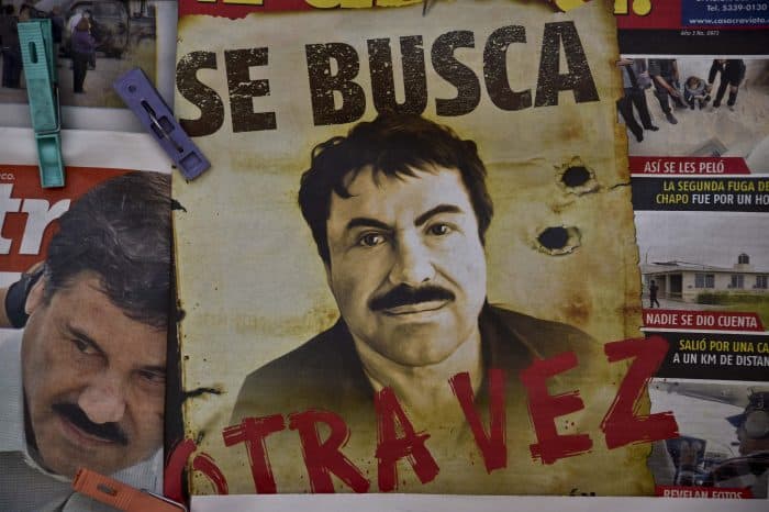 A Sinaloa wanted poster of Mexican drug lord Joaquín "El Chapo" Guzmán.