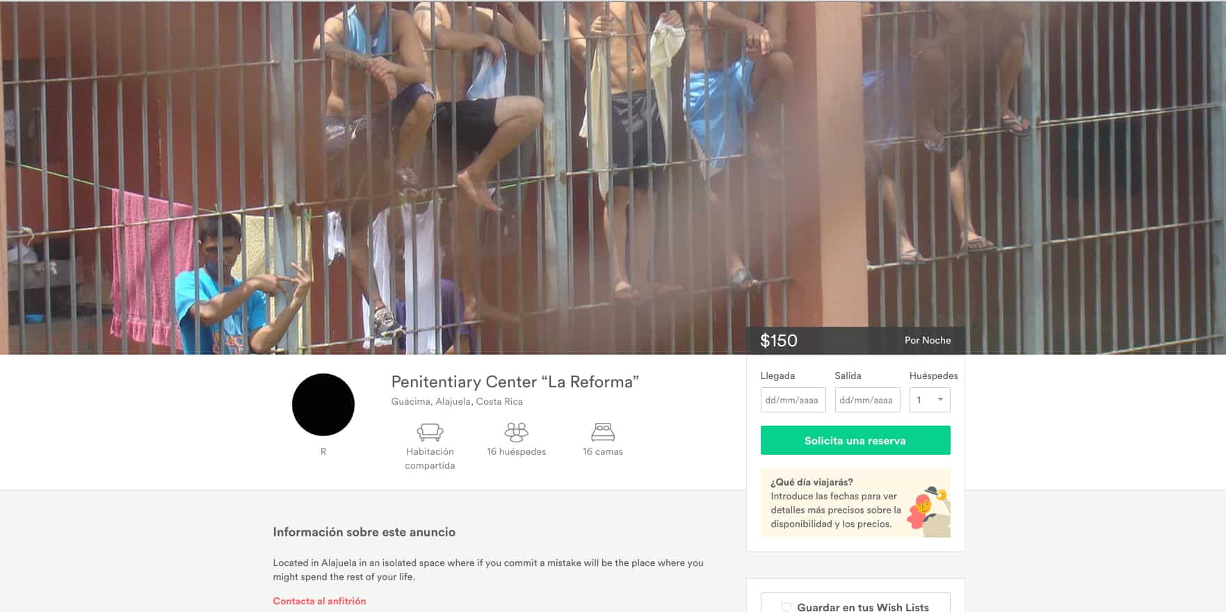 A screen shot of the Jailbnb campaign's fake listing for La Reforma prison in Alajuela, August 6, 2015.